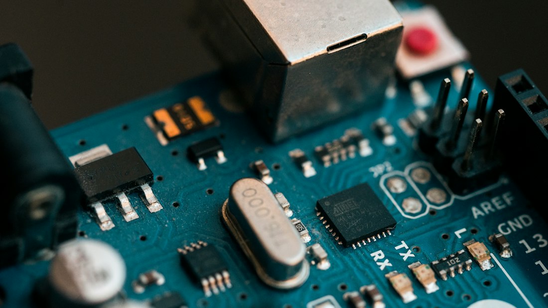 Close-up of a microcontroller circuit board